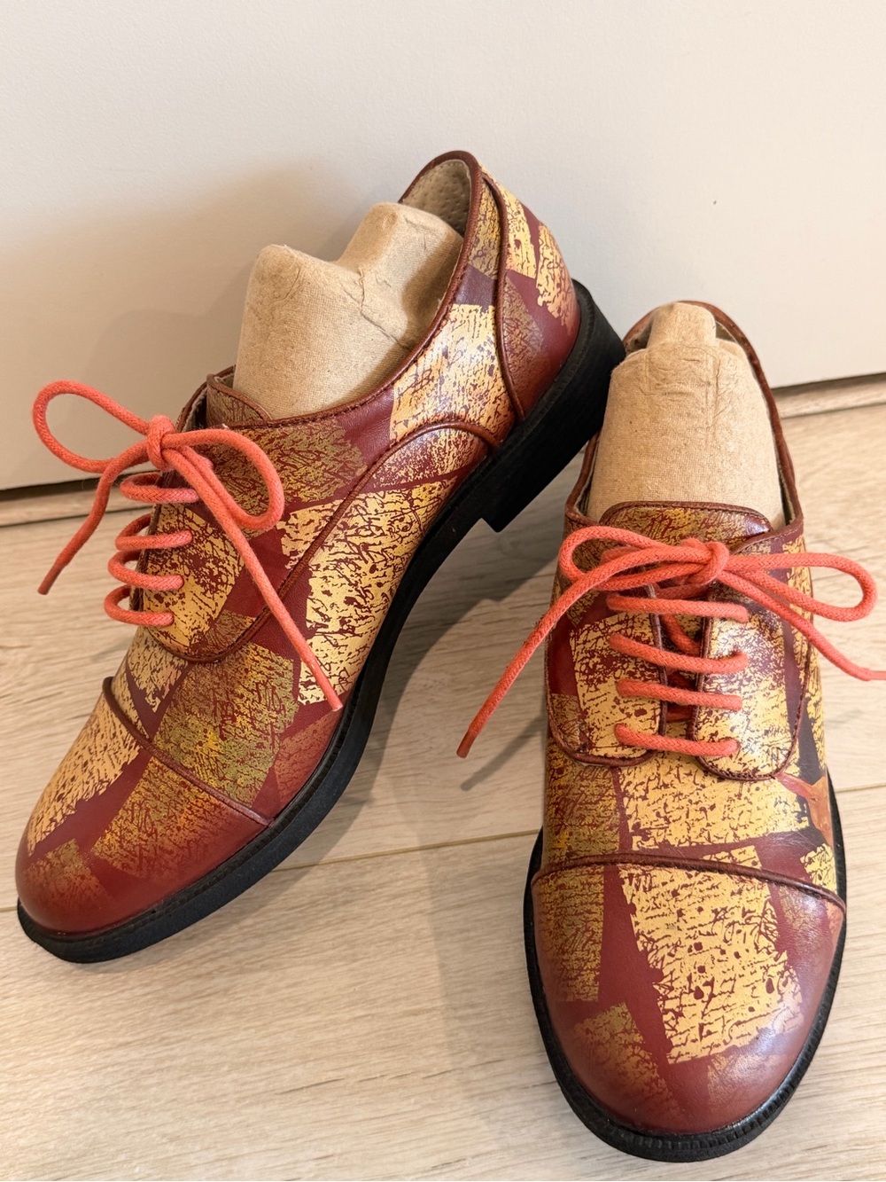 ICON Leather Maroon and Gold Patterned Lace-Up Oxfords